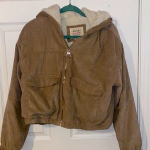 Corduroy zipup hoodie w/ large pockets & fleece lined, size XL but fits like a L